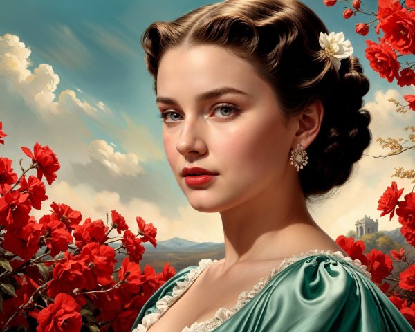 Portrait of a Woman in Green Gown with Floral Setting