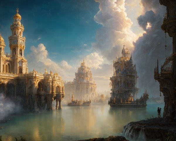 Baroque-style cityscape with waterfalls and dramatic sky
