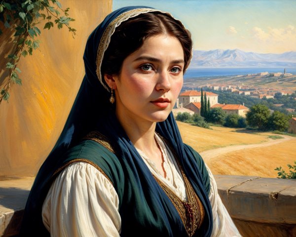 Young Woman in Traditional Garment Against Scenic Landscape