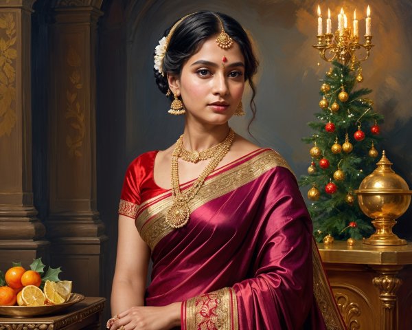 Young woman in burgundy saree by Christmas tree