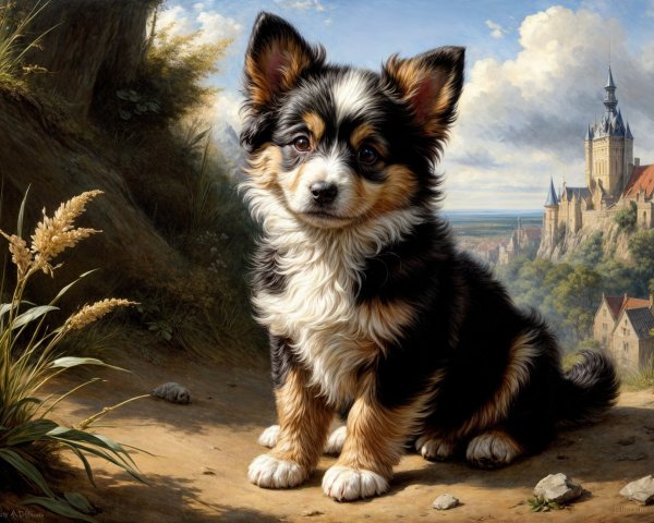 Fluffy Puppy on Dirt Path with Scenic Landscape