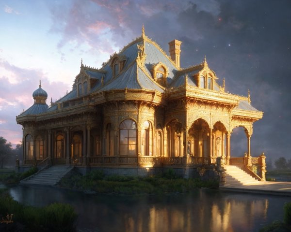 Luxurious fantasy mansion at dusk with ornate architecture and waterfront view