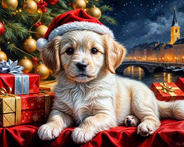 Fluffy Golden Puppy with Christmas Tree and Presents