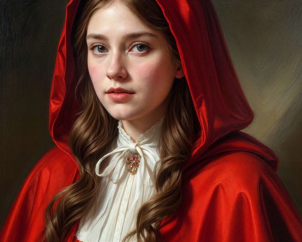 Young Woman in Red Cloak with Olive Green Background