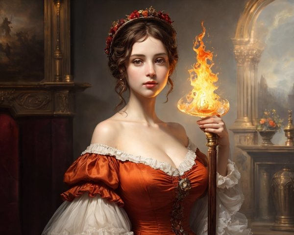 Woman in Red Dress Holding Fiery Torch in Opulent Interior
