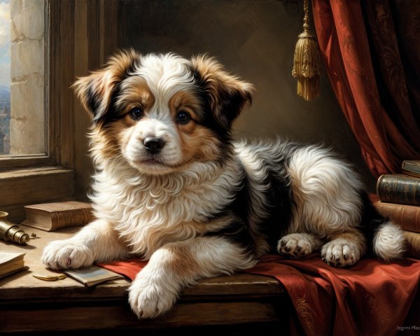Tri-colored puppy on a table by a sunlit window