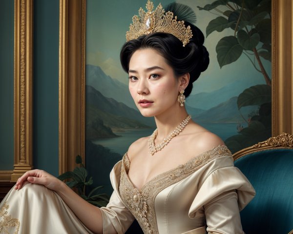 Elegant Woman in Off-the-Shoulder Embroidered Gown
