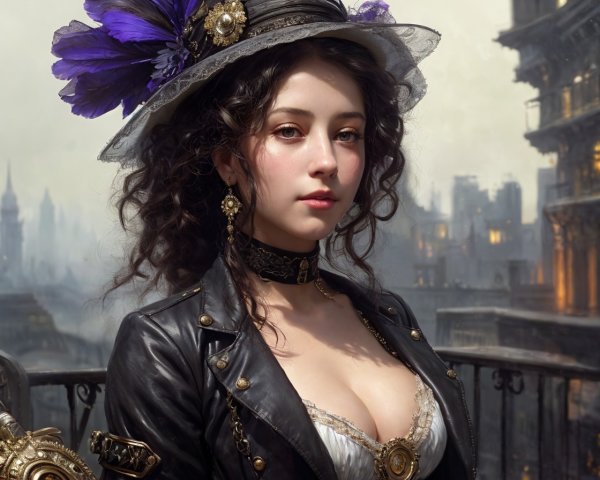 Victorian Attire Woman with Floral Hat and Cityscape