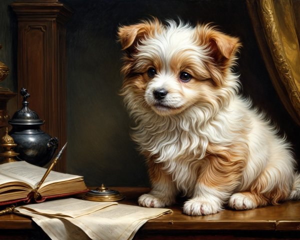 Fluffy Puppy Surrounded by Antique Books and Writing Tools
