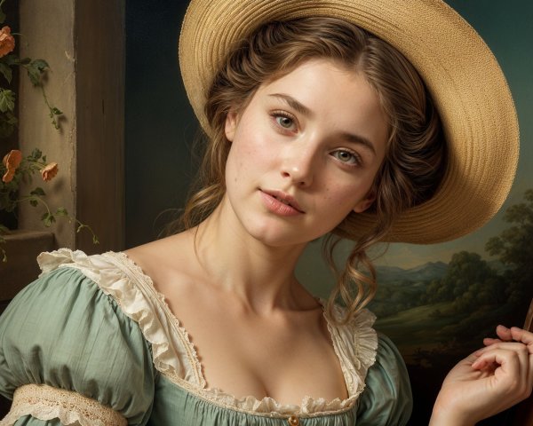 Young Woman in Light Green Dress and Straw Hat