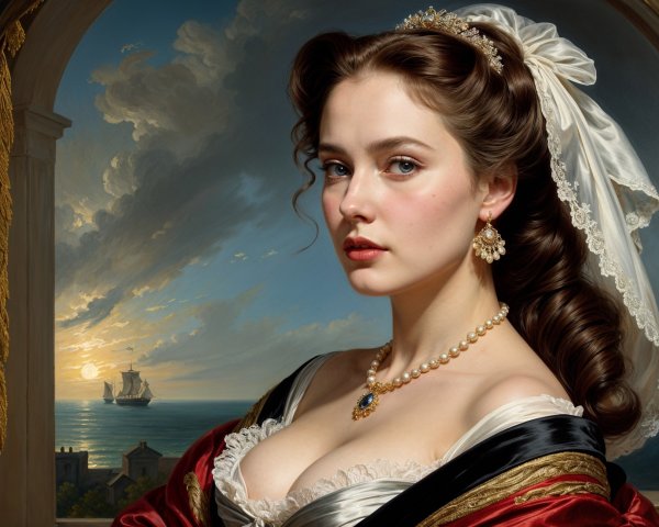 Classic Portrait of Young Woman with Seascape Background