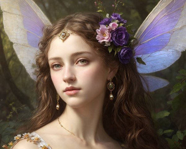 Portrait of a Young Woman with Fairy Wings in Forest