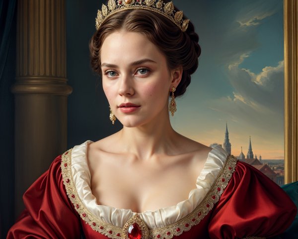 Regal Woman in Lavish Red Gown with Gold Detailing