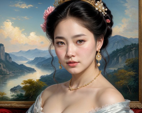 Young Woman with Updo and Elegant Gown in Landscape