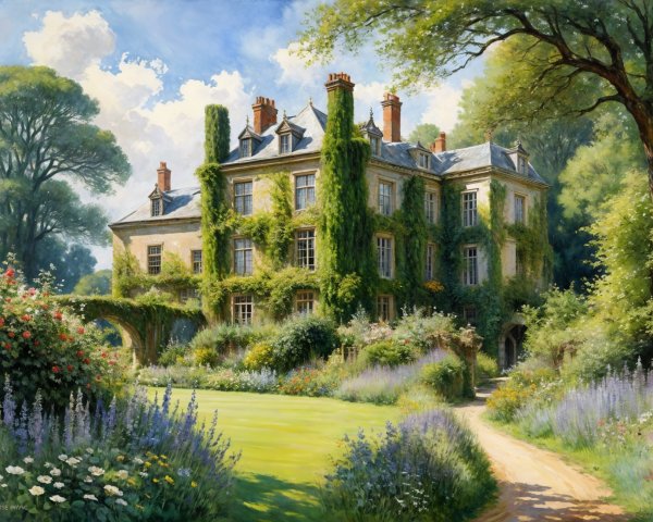 Ivy-Clad Mansion Surrounded by Lush Gardens