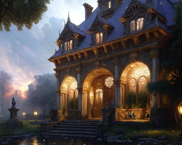 Ornate mansion with twilight sky and tranquil pond