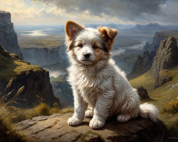 Fluffy Dog on Rocky Outcrop with Scenic Landscape