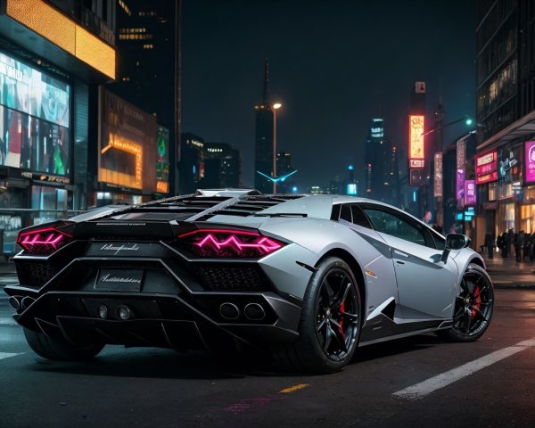 White Lamborghini with illuminated tail lights in city night scene.