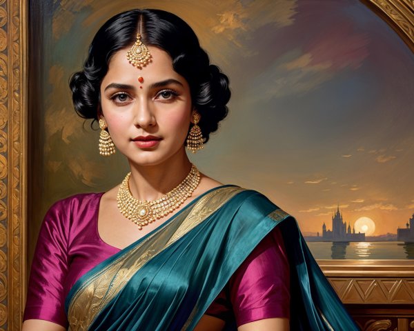 Portrait of a woman in a colorful sari at sunset