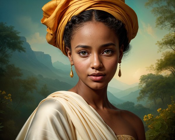 Young Woman in Ivory Gown with Serene Landscape Background