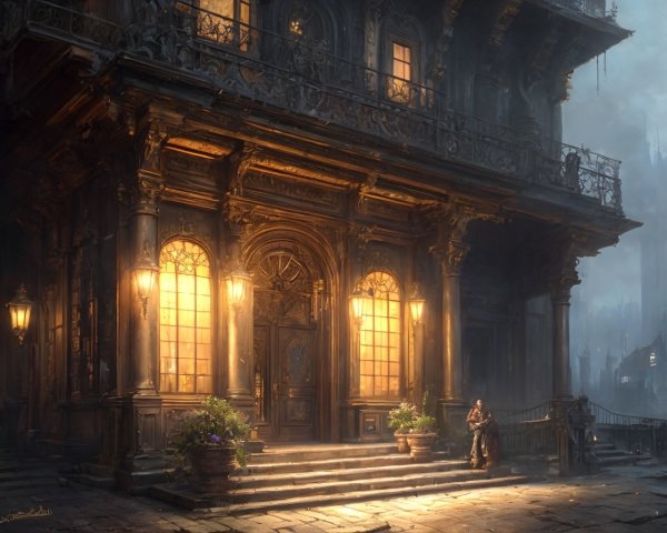 Ornate building illuminated at twilight with details