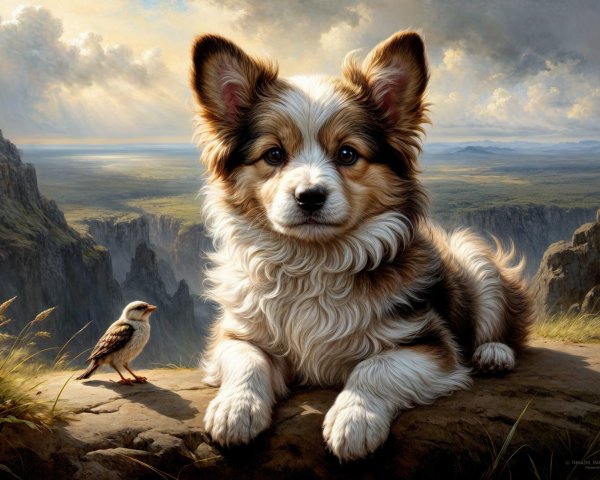 Corgi and Bird on Rocky Ledge with Scenic Landscape