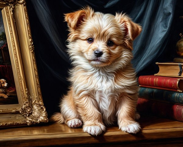 Fluffy Puppy on Wooden Table with Books and Frame