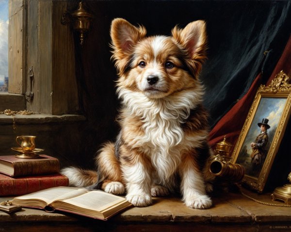 Tricolor puppy on a table with books and decor