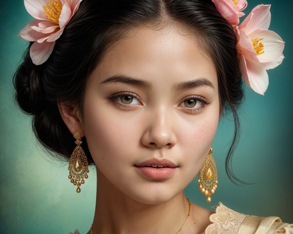 Young woman with floral hair accessories and gold earrings