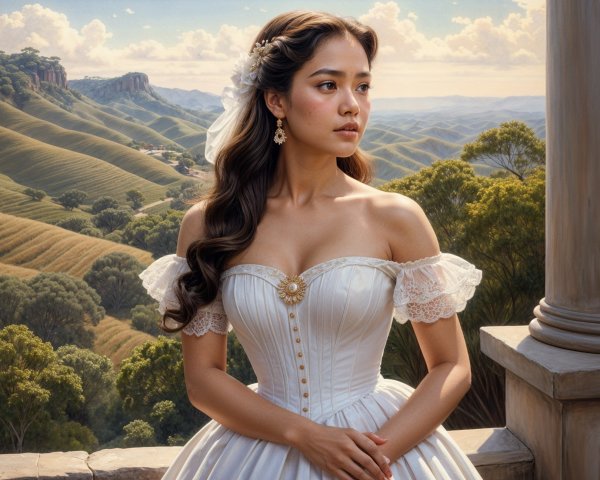 Young Woman in White Gown Against Scenic Hills