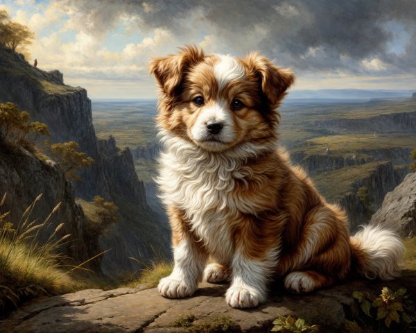 Fluffy Brown and White Puppy on Rocky Ledge Landscape