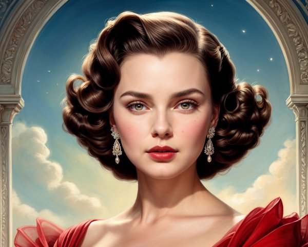 Portrait of a woman in red gown with elegant curls