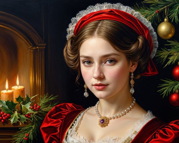 Victorian Woman in Red Dress with Festive Background