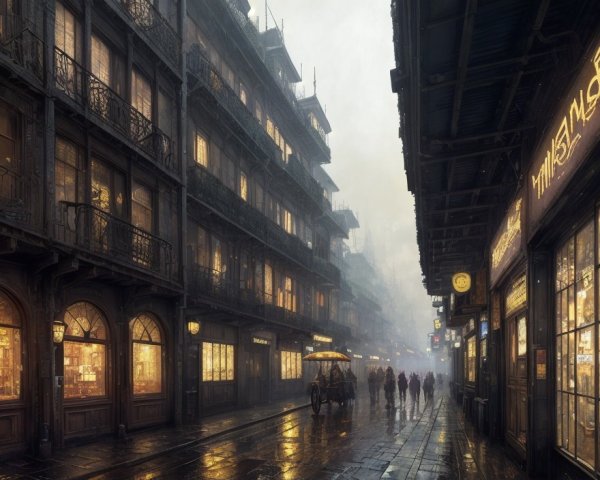 Moody European city street in rain with umbrellas and vintage architecture