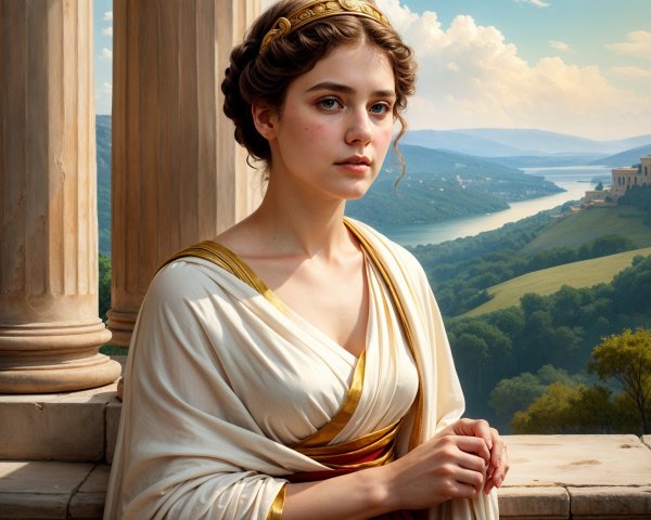 Young Woman in Ancient Setting with Gown and Hills