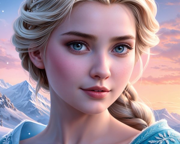 Young Woman in Ice Blue Gown Against Mountain Sunset