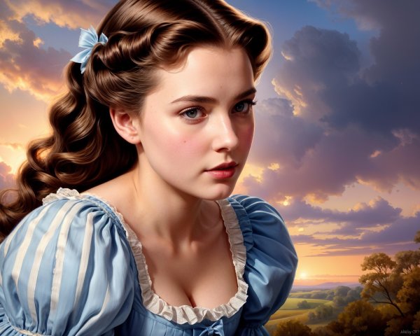 Young Woman in Retro Dress Against Scenic Sunset Background