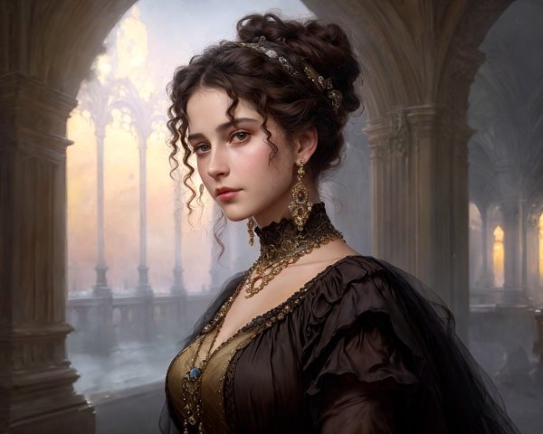 Young Woman in Elegant Gown Against Ornate Architecture