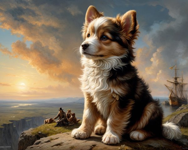 Puppy on Cliff at Sunset with Ship and Figures Nearby