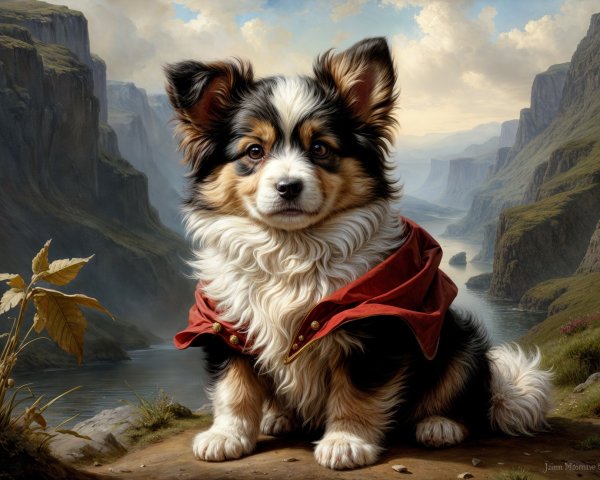 Fluffy Tri-Color Dog in Scenic Landscape with Cloak