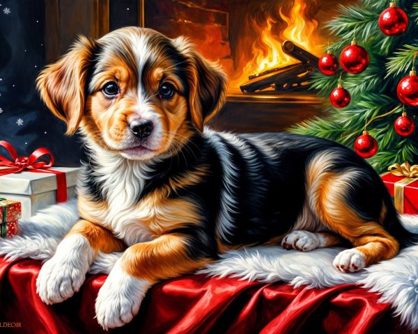 Tricolor Puppy on Red Blanket by Cozy Fireplace