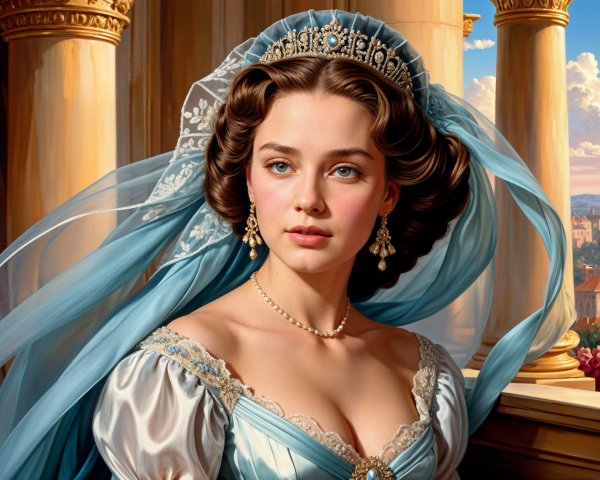 Young woman in elegant gown with blue eyes and tiara
