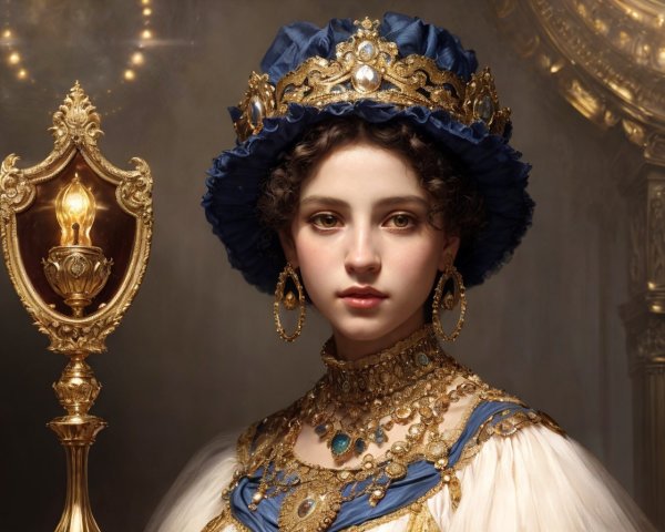 Portrait of a woman in blue and gold attire