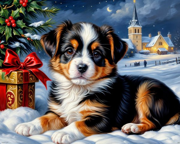 Fluffy puppy in snow with festive decorations and gifts