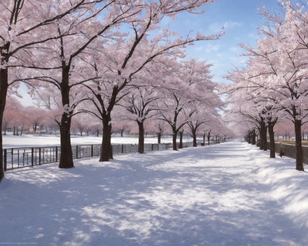 Tranquil snowy pathway with pink cherry blossoms under clear sky