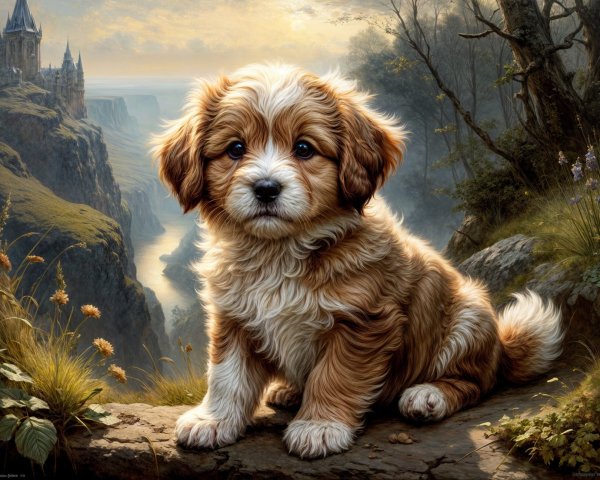 Fluffy Puppy on Rocky Ledge Overlooking Scenic Valley