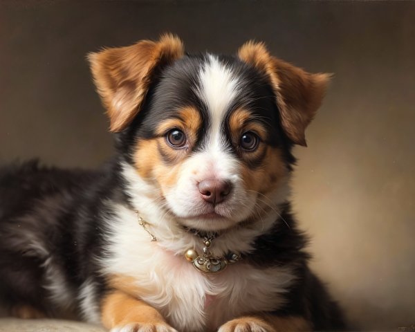 Tricolor Australian Shepherd Puppy with Gold Chain Collar and Fluffy Fur