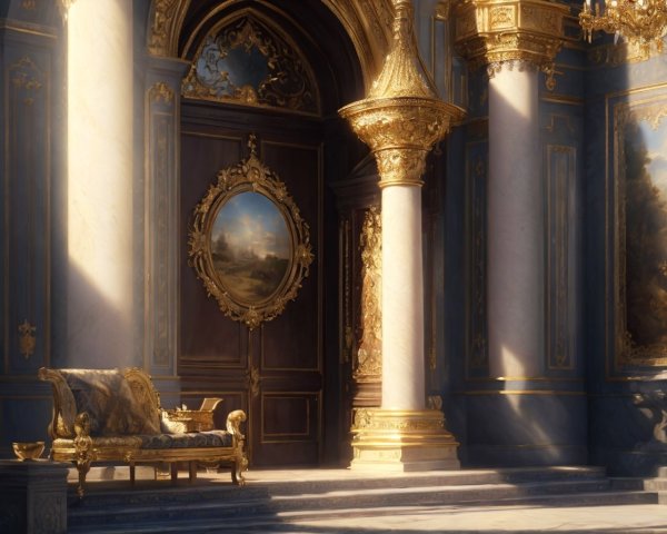Opulent Grand Hall with Marble Columns and Artwork