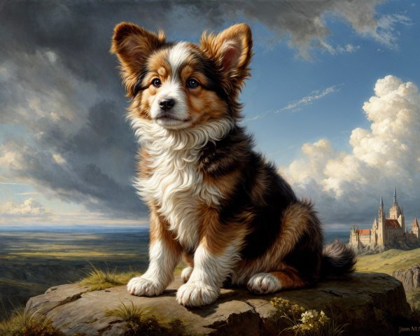 Fluffy Puppy on Rocky Ledge with Castle Background