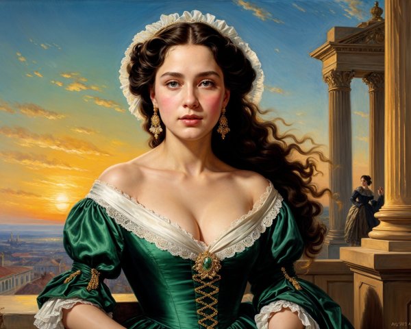 Young Woman in Green Dress with Sunset Background